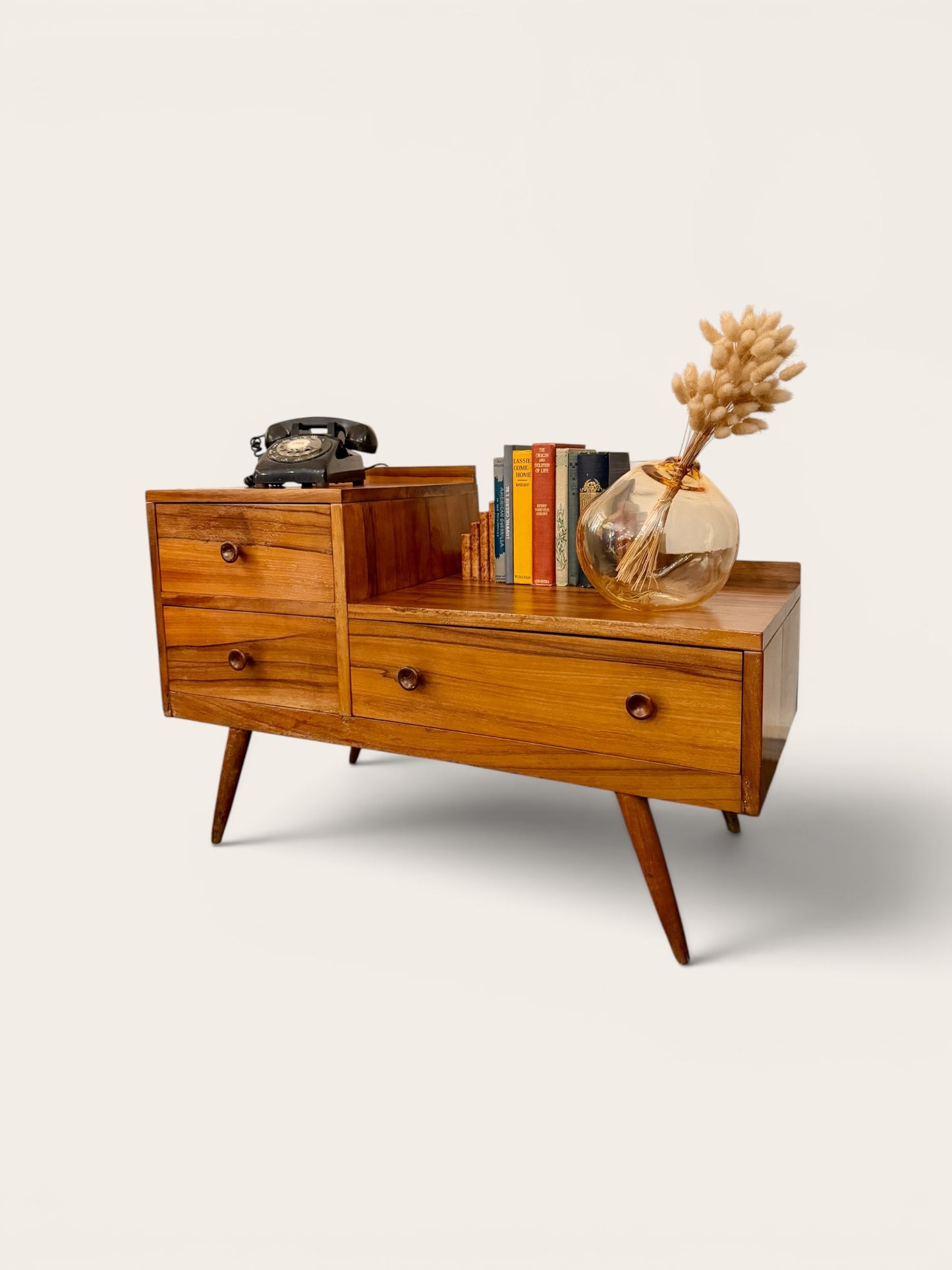 1960s Vintage MCM English Telephone Table with Three Drawers