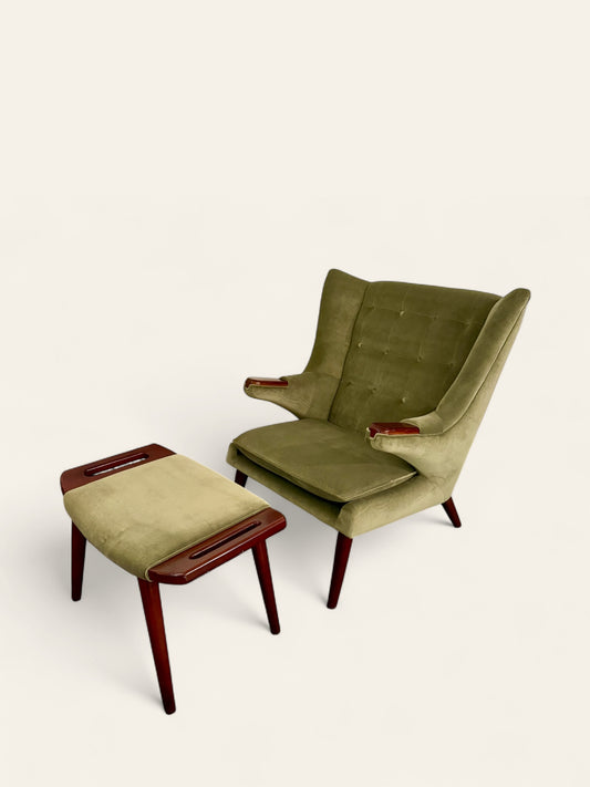 Mid-Century Modern Hans Wegner Style Papa Bear Chair & Ottoman in Velvet Green