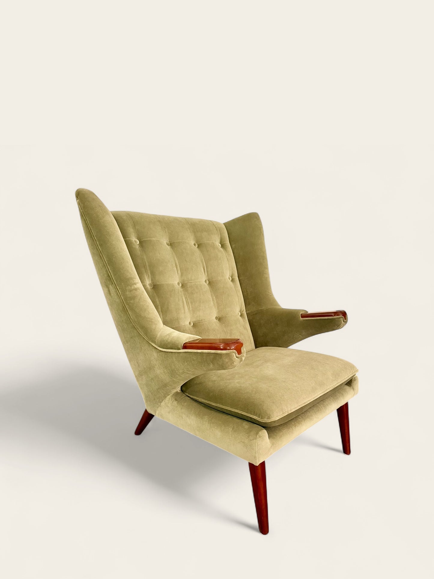 Mid-Century Modern Hans Wegner Style Papa Bear Chair & Ottoman in Velvet Green