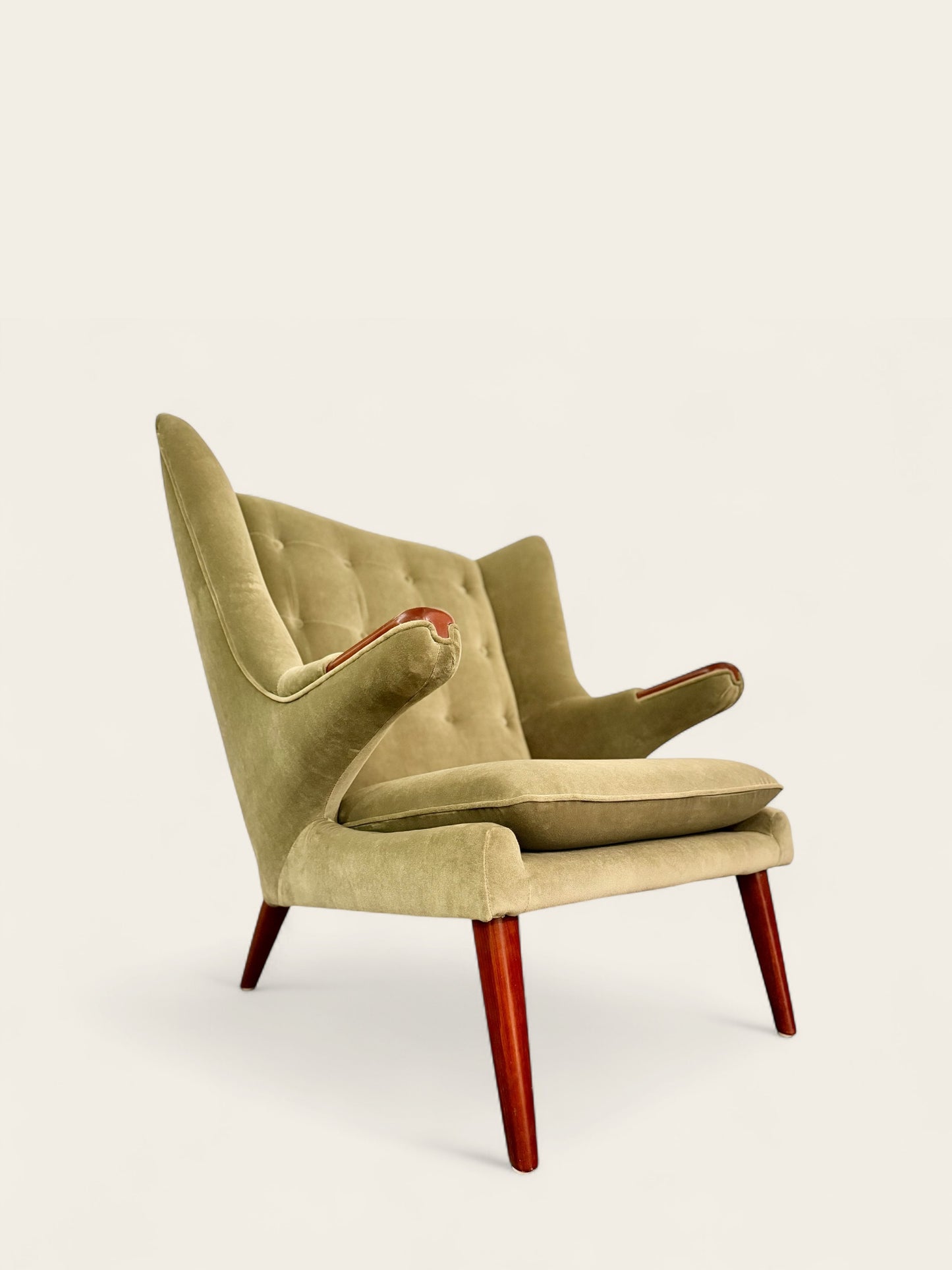 Mid-Century Modern Hans Wegner Style Papa Bear Chair & Ottoman in Velvet Green