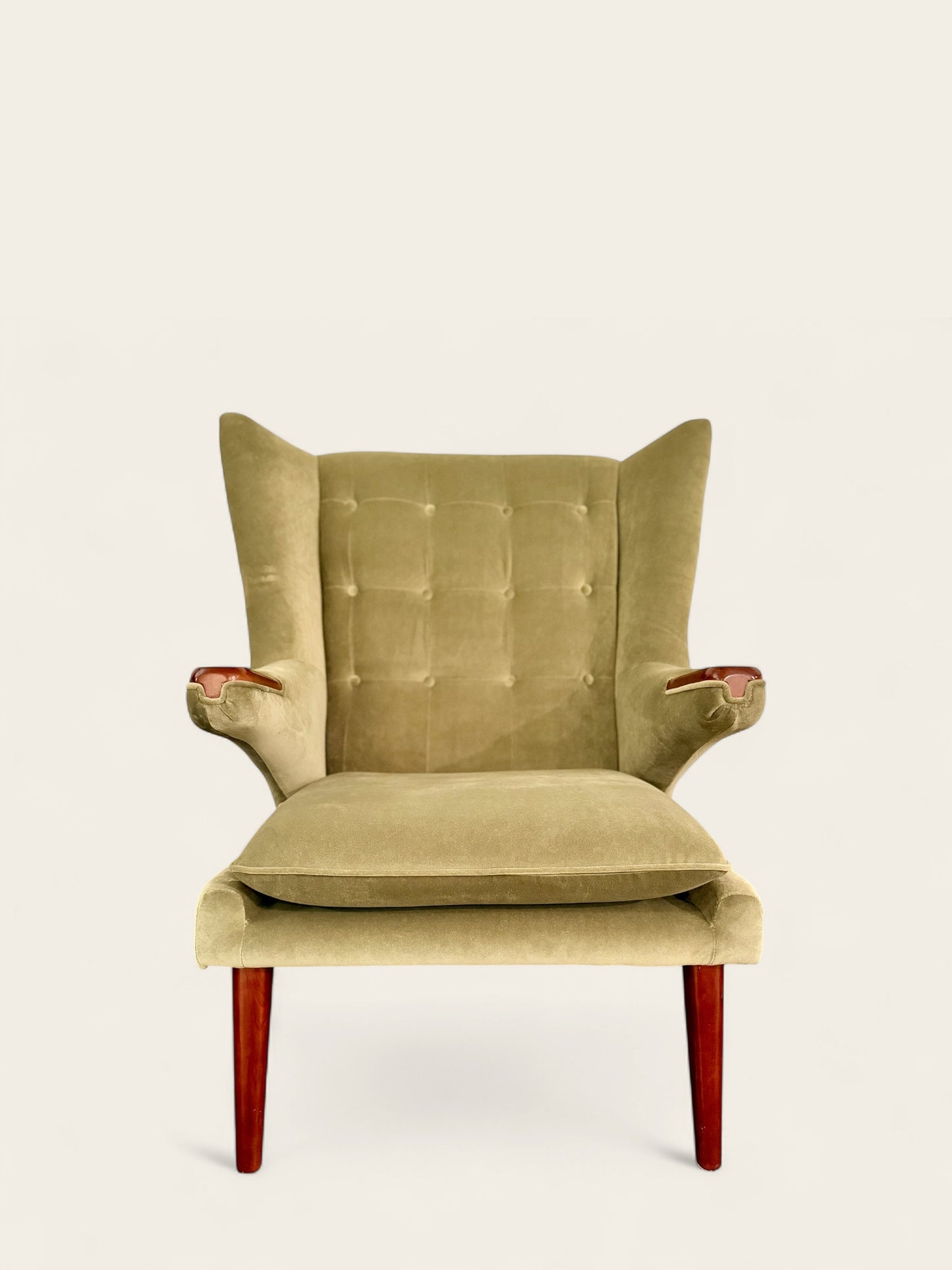 Mid-Century Modern Hans Wegner Style Papa Bear Chair & Ottoman in Velvet Green