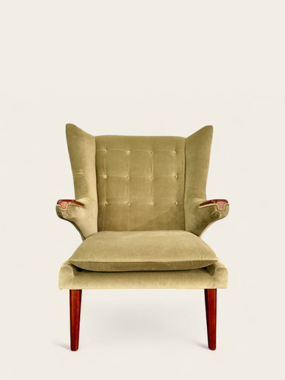 Mid-Century Modern Hans Wegner Style Papa Bear Chair & Ottoman in Velvet Green