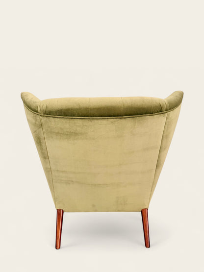 Mid-Century Modern Hans Wegner Style Papa Bear Chair & Ottoman in Velvet Green