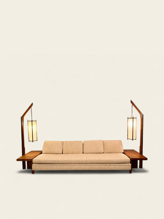 Vintage Mid-Century Modern Sofa with Integrated Walnut Tables and Hanging Lamps - Attributed to John Keal