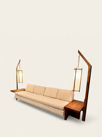 Vintage Mid-Century Modern Sofa with Integrated Walnut Tables and Hanging Lamps - Attributed to John Keal