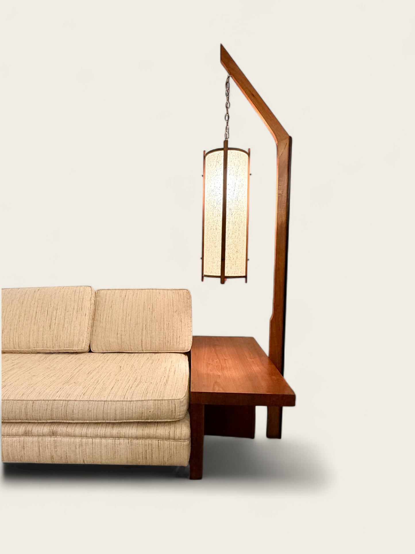 Vintage Mid-Century Modern Sofa with Integrated Walnut Tables and Hanging Lamps - Attributed to John Keal