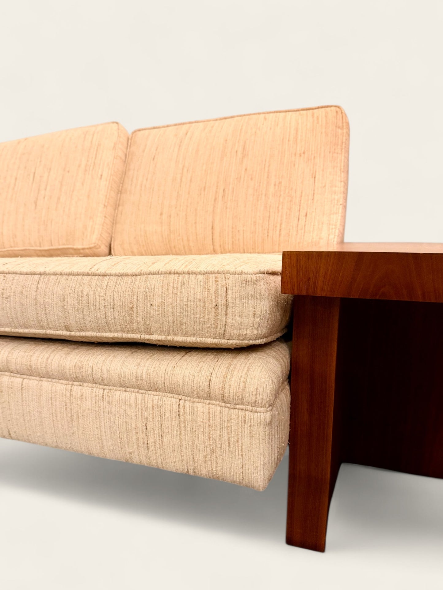 Vintage Mid-Century Modern Sofa with Integrated Walnut Tables and Hanging Lamps - Attributed to John Keal