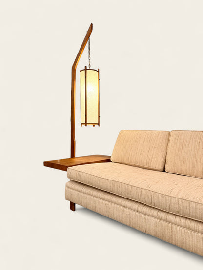 Vintage Mid-Century Modern Sofa with Integrated Walnut Tables and Hanging Lamps - Attributed to John Keal