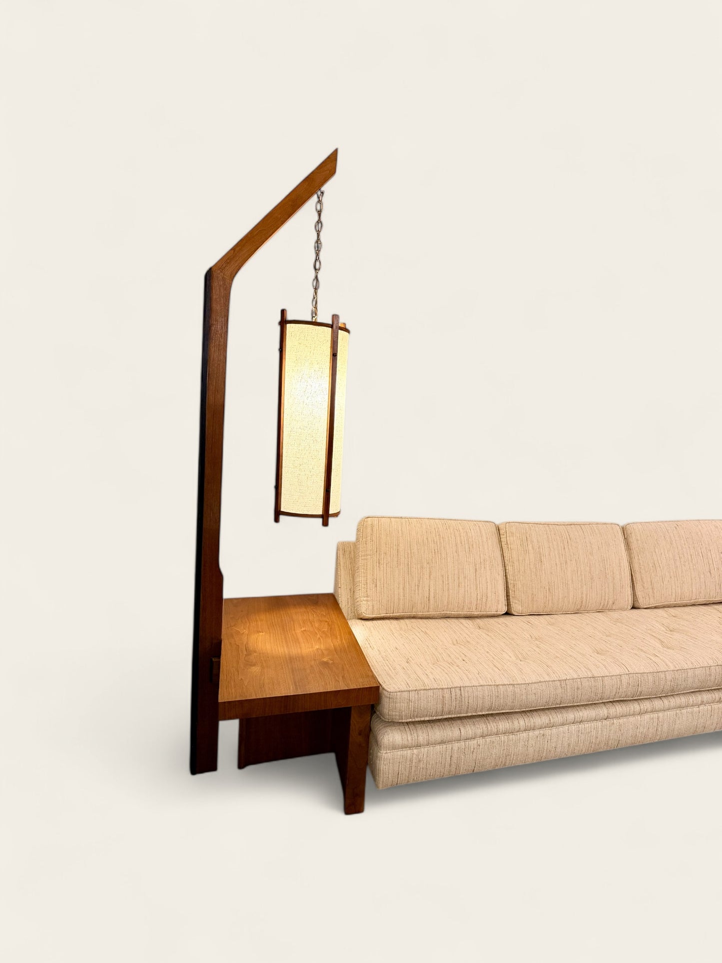 Vintage Mid-Century Modern Sofa with Integrated Walnut Tables and Hanging Lamps - Attributed to John Keal