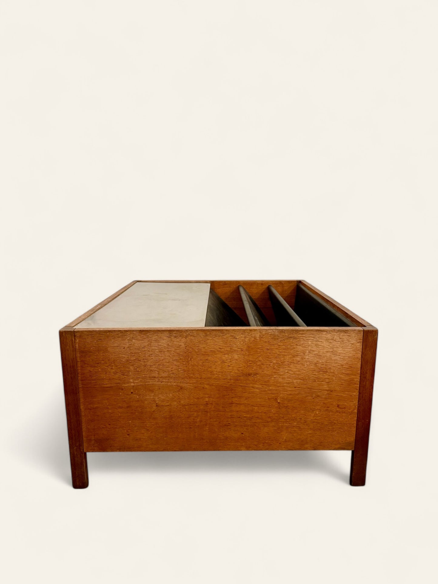 Vintage 1960s Mid-Century Modern Walnut Coffee Table with Magazine Book or Vinyl Holder and Stainless Steel Accent