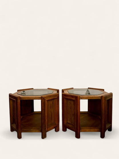 Vintage Pair of MCM Octagonal Side Tables with Smoked Glass Center