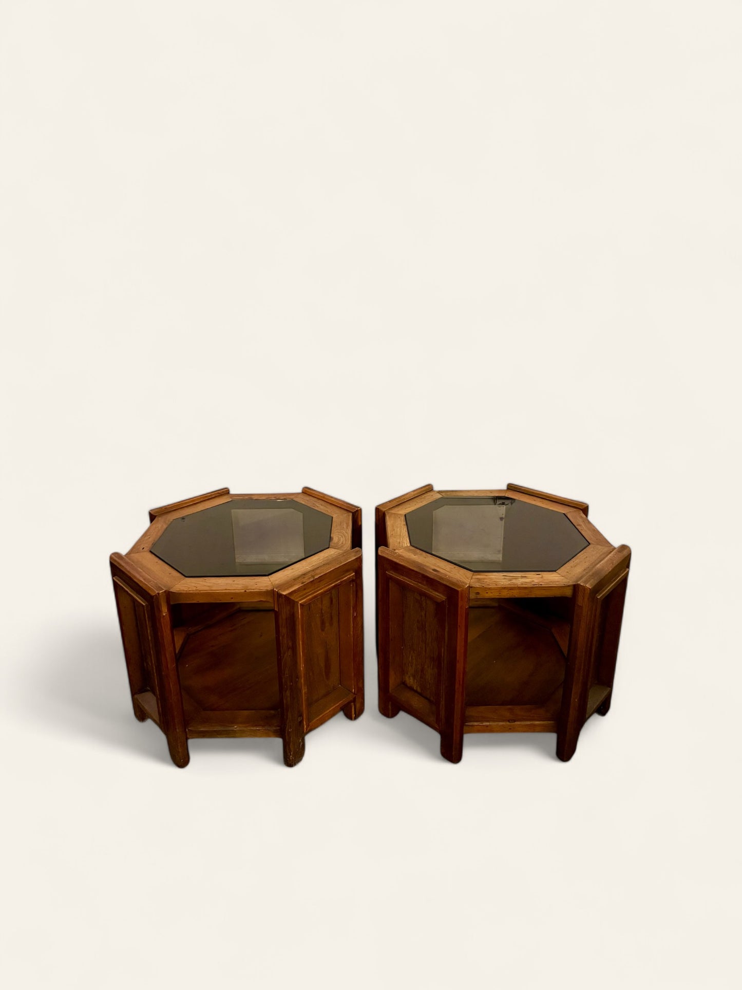 Vintage Pair of MCM Octagonal Side Tables with Smoked Glass Center