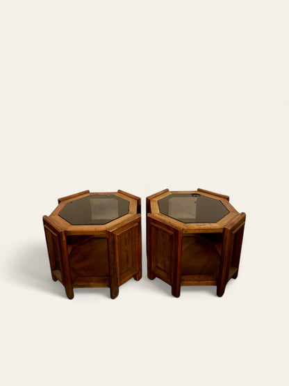 Vintage Pair of MCM Octagonal Side Tables with Smoked Glass Center