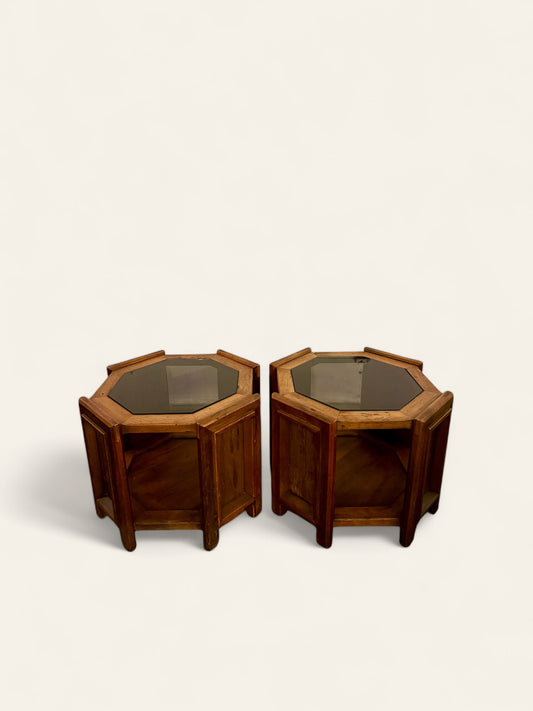 Vintage Pair of MCM Octagonal Side Tables with Smoked Glass Center