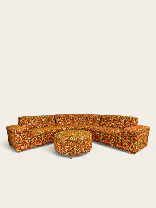 Vintage 1960s Curved Floral Sectional with Ottoman by Artistic Furniture & Upholstery