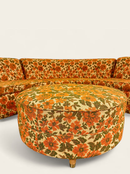 Vintage 1960s Curved Floral Sectional with Ottoman by Artistic Furniture & Upholstery