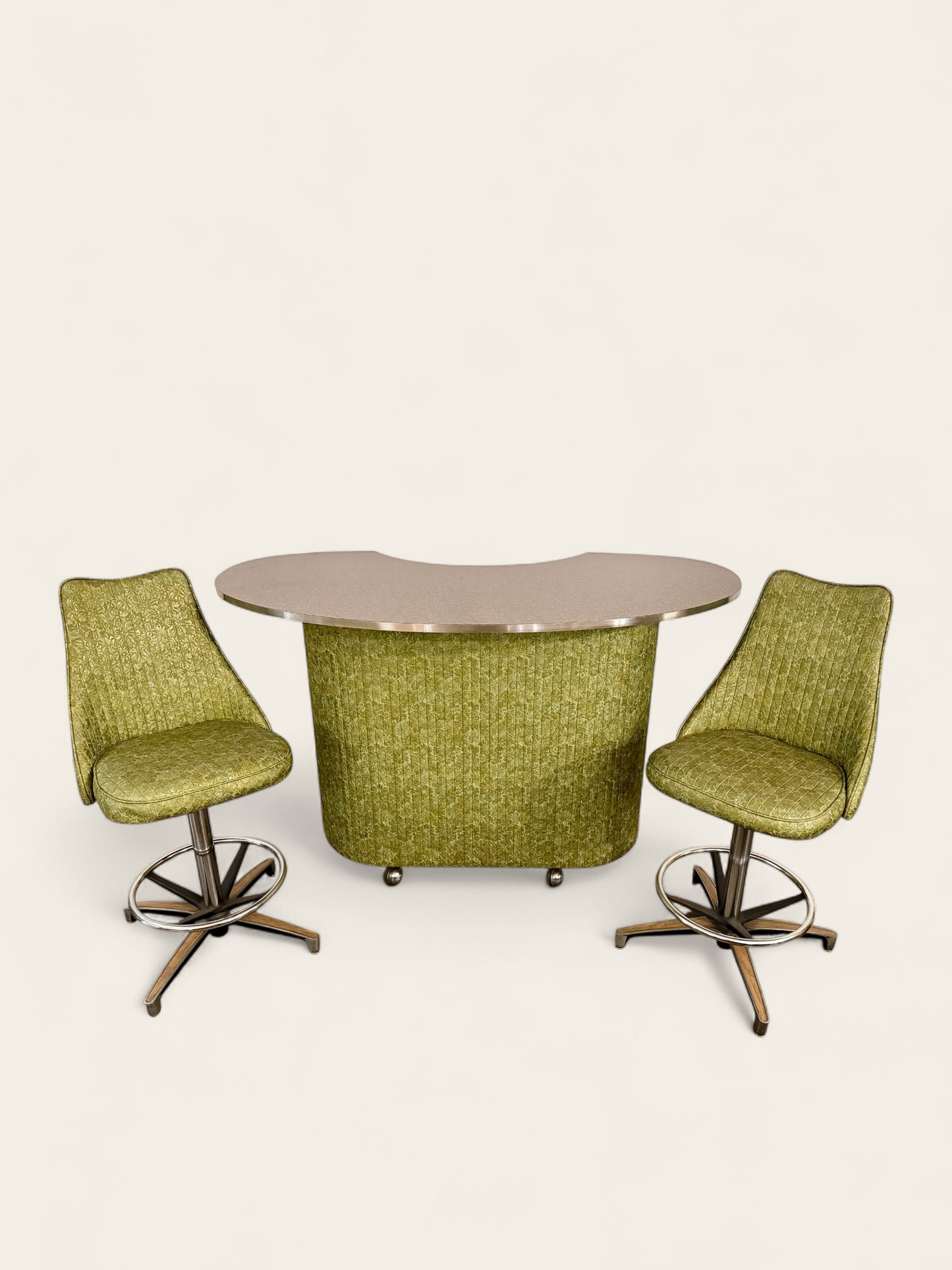 Vintage 1969 Chromcraft Swivel Bar Set with Original Avocado Green Upholstery