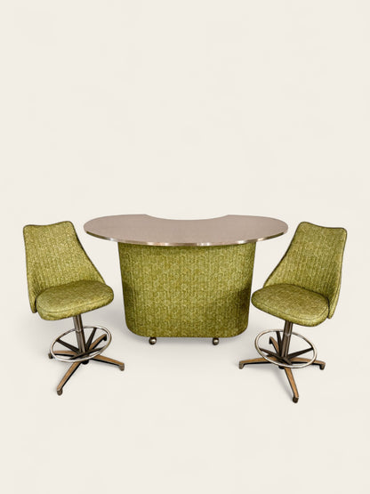 Vintage 1969 Chromcraft Swivel Bar Set with Original Avocado Green Upholstery