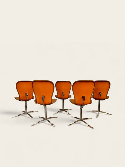 Vintage, MCM Set of (6) Orange Upholstered Gideon Kramer Ion Chairs, First Introduced at the 1962 Seattle World’s Fair