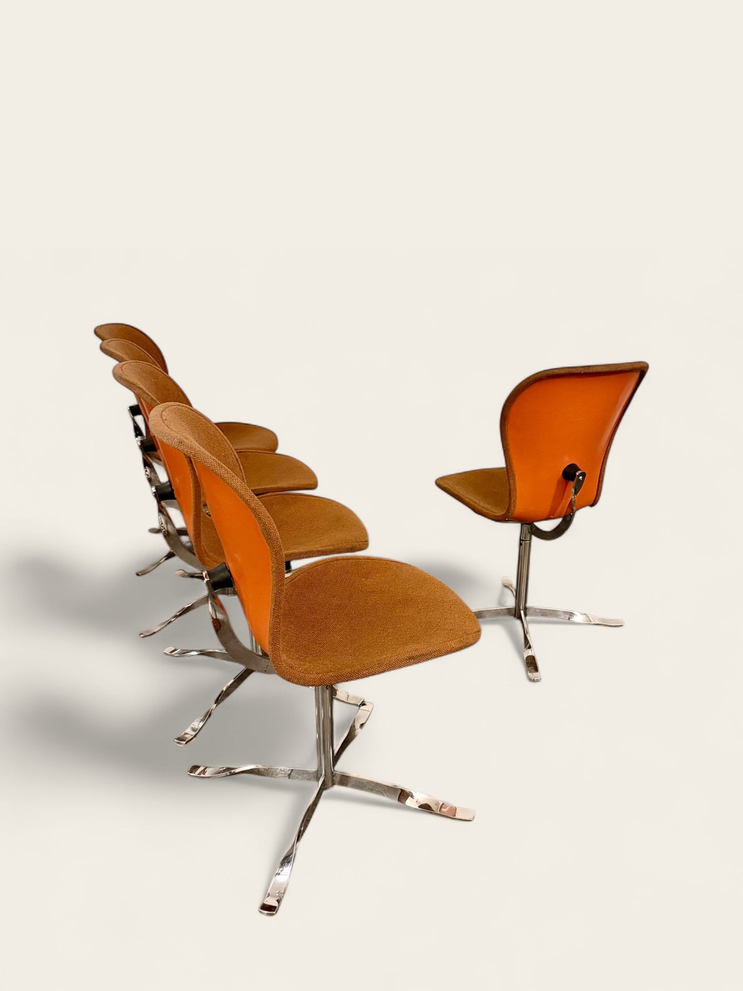 Vintage, MCM Set of (6) Orange Upholstered Gideon Kramer Ion Chairs, First Introduced at the 1962 Seattle World’s Fair