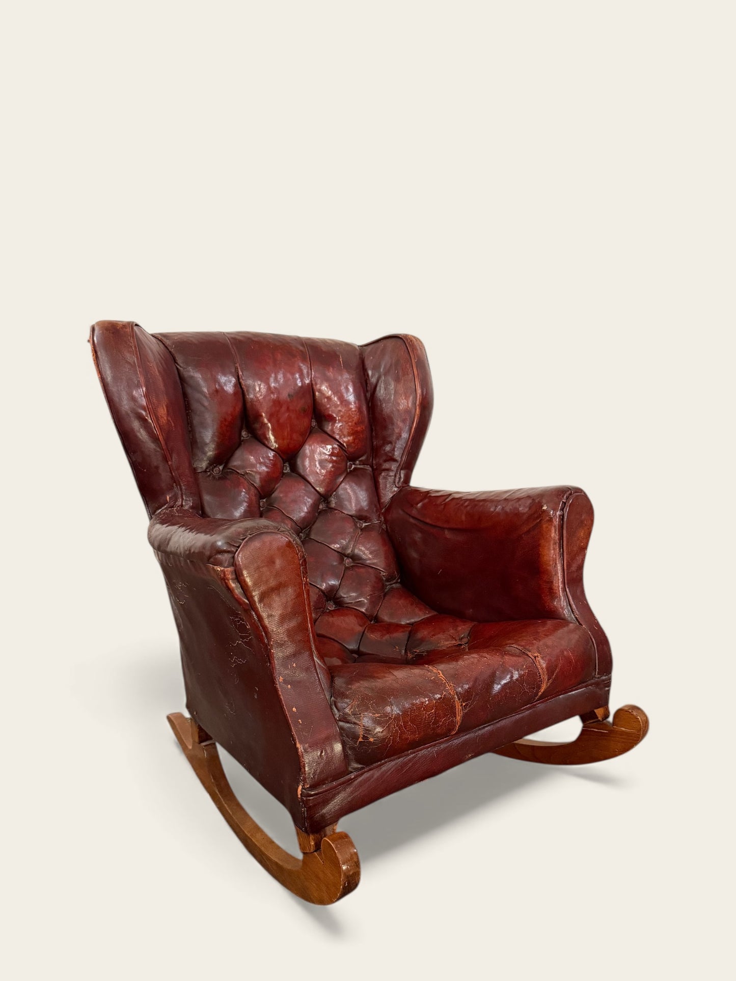 Vintage or Antique Leather Tufted Childs Rocking Chair with Awesome Patina