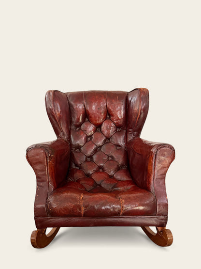 Vintage or Antique Leather Tufted Childs Rocking Chair with Awesome Patina