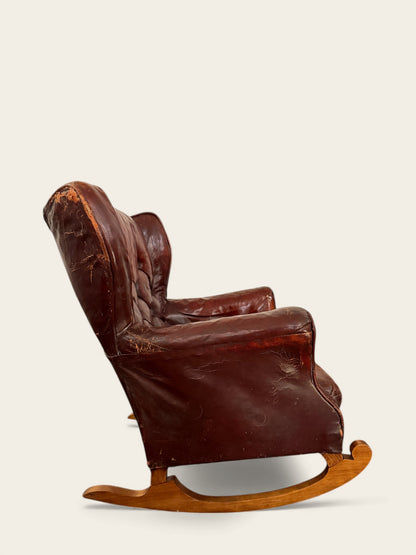 Vintage or Antique Leather Tufted Childs Rocking Chair with Awesome Patina