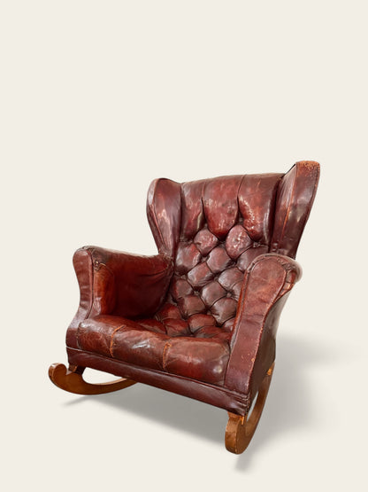 Vintage or Antique Leather Tufted Childs Rocking Chair with Awesome Patina