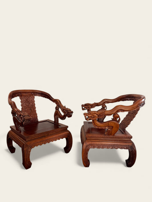Pair of Finely Carved Vintage Chinese Hongmu Hardwood Dragon Armchairs