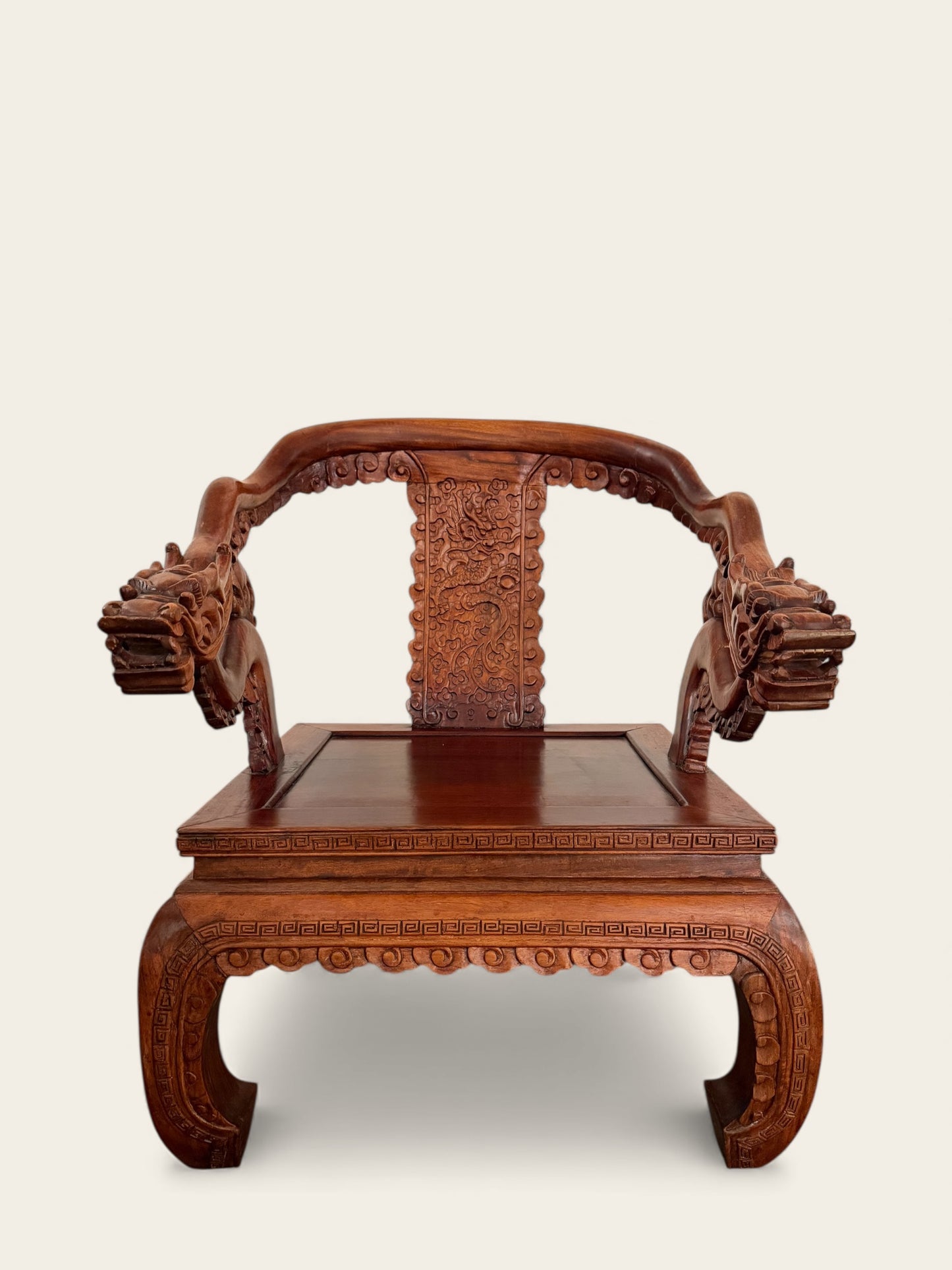 Pair of Finely Carved Vintage Chinese Hongmu Hardwood Dragon Armchairs