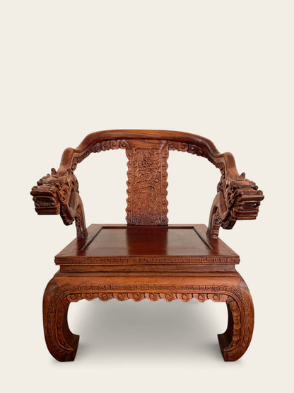 Pair of Finely Carved Vintage Chinese Hongmu Hardwood Dragon Armchairs