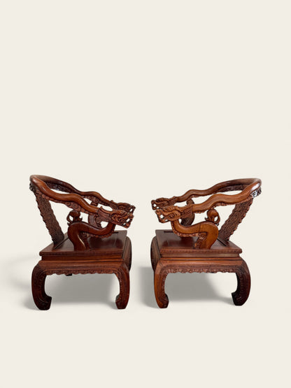 Pair of Finely Carved Vintage Chinese Hongmu Hardwood Dragon Armchairs