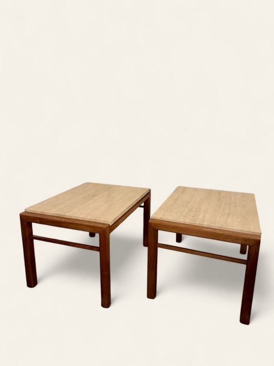 Pair of Vintage MCM Travertine and Wood Side Tables