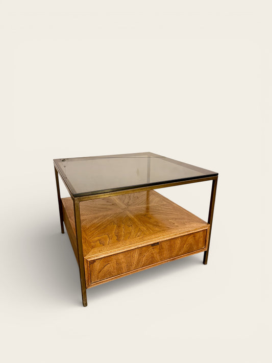 Vintage MCM 1960s/70s Table with Smoked Glass Top and Large Drawer