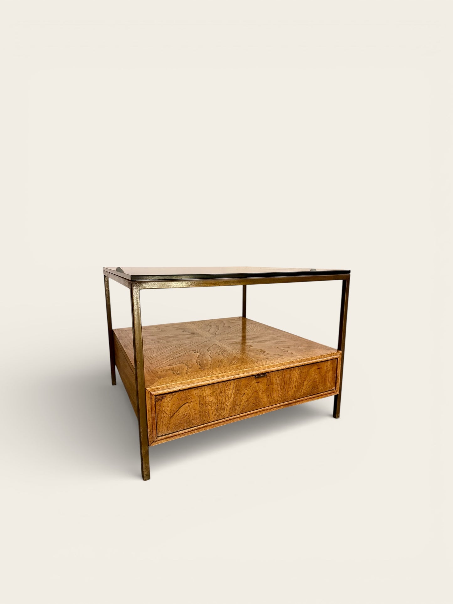 Vintage MCM 1960s/70s Table with Smoked Glass Top and Large Drawer