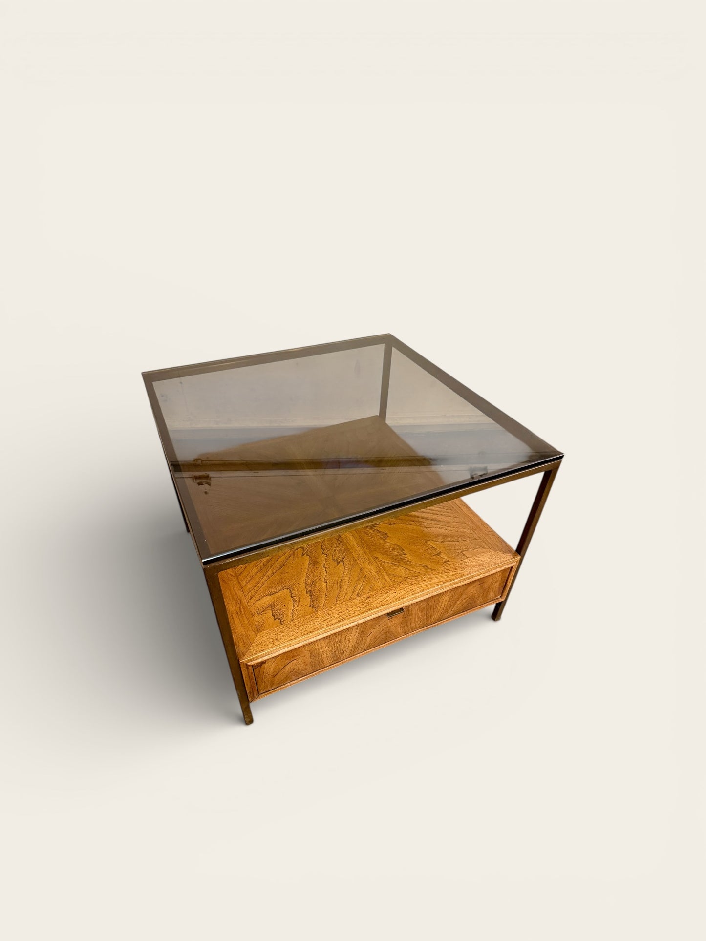 Vintage MCM 1960s/70s Table with Smoked Glass Top and Large Drawer