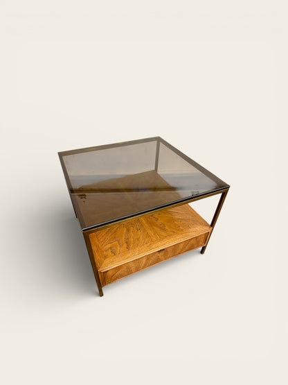 Vintage MCM 1960s/70s Table with Smoked Glass Top and Large Drawer