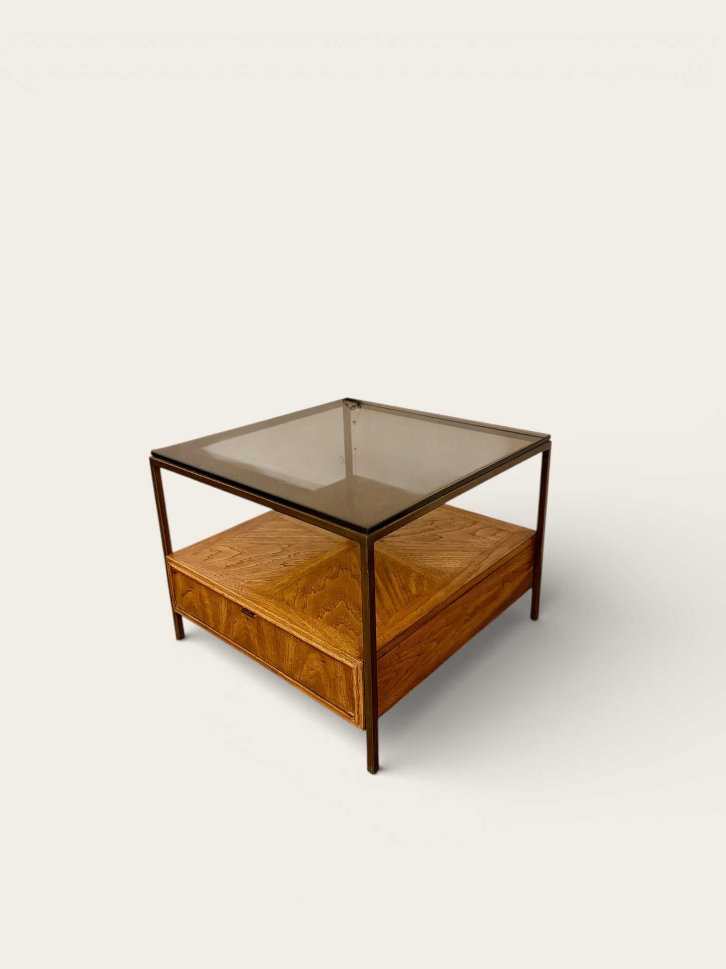 Vintage MCM 1960s/70s Table with Smoked Glass Top and Large Drawer