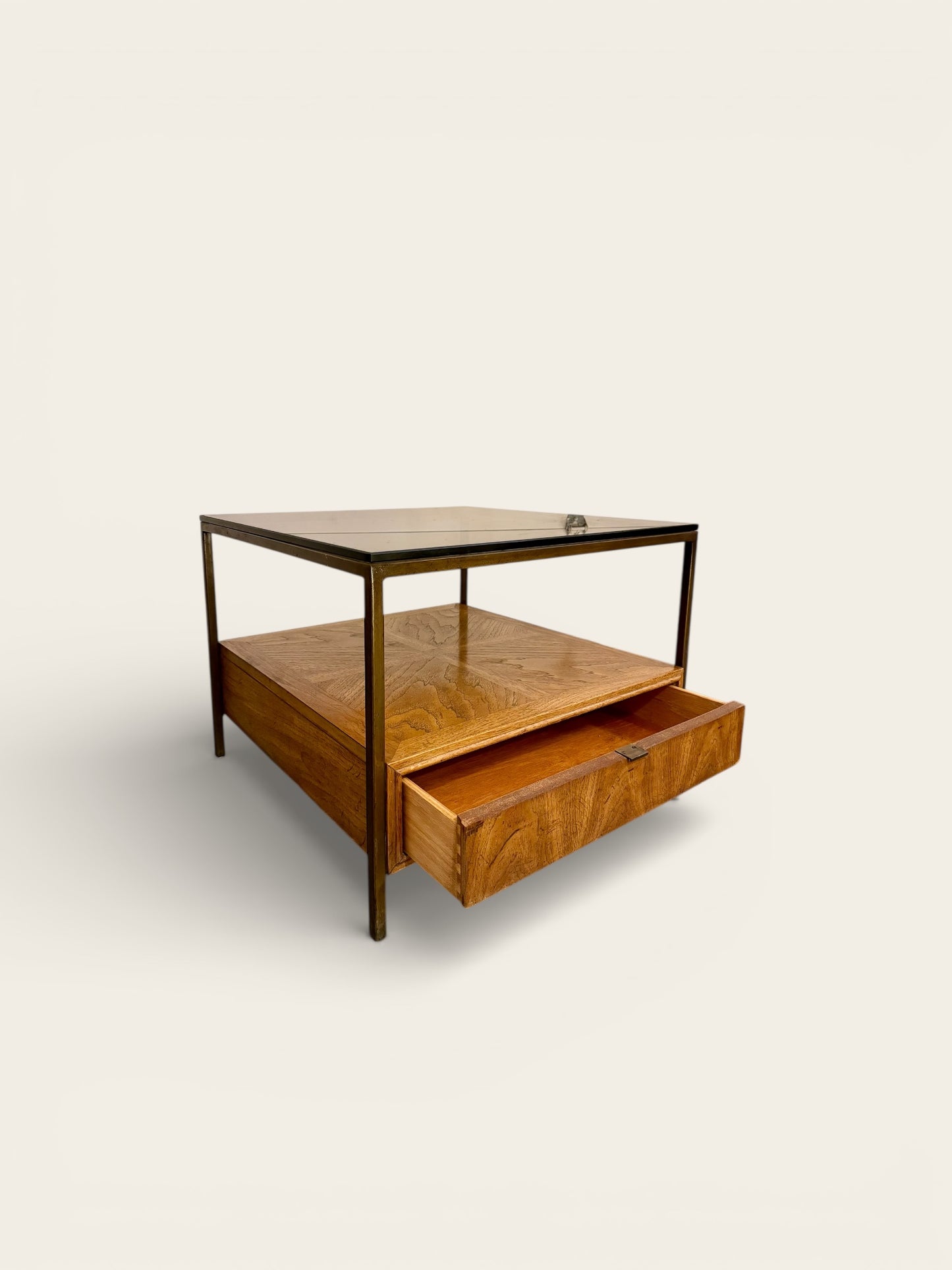 Vintage MCM 1960s/70s Table with Smoked Glass Top and Large Drawer