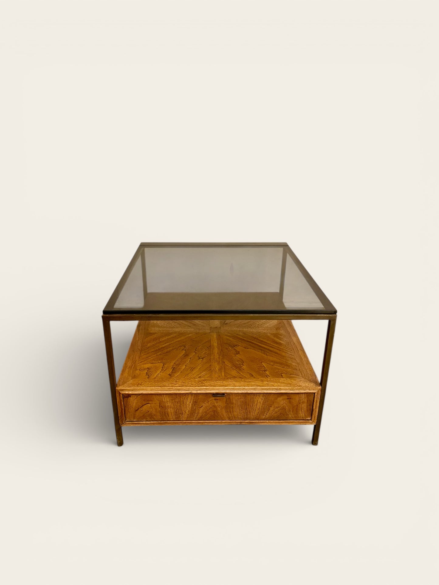 Vintage MCM 1960s/70s Table with Smoked Glass Top and Large Drawer