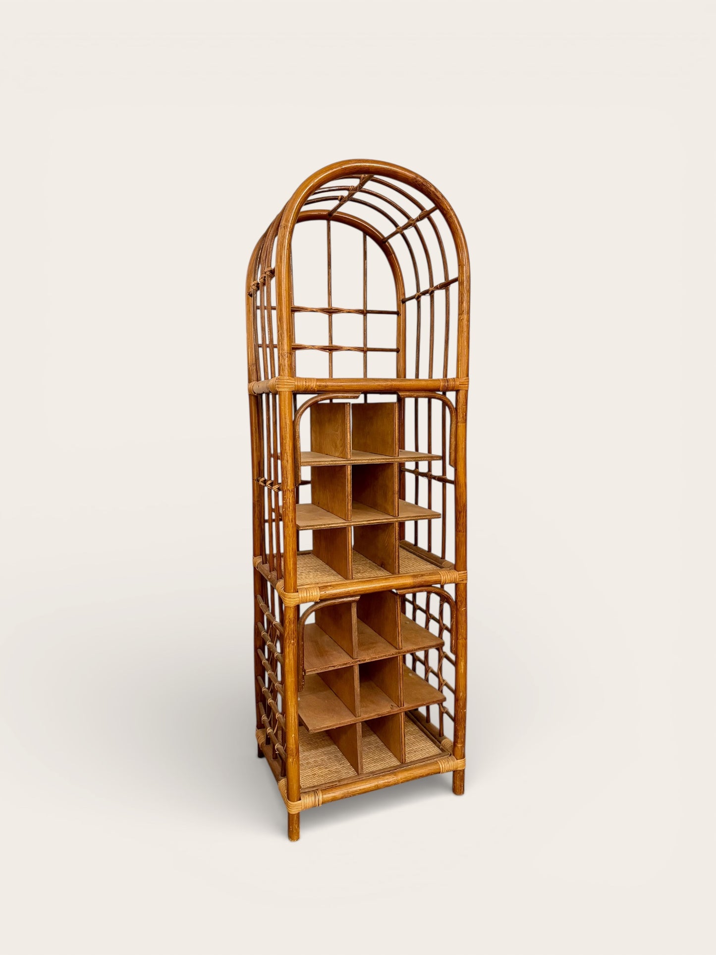 Vintage MCM Bohemian Bamboo and Ratan Storage Shelf