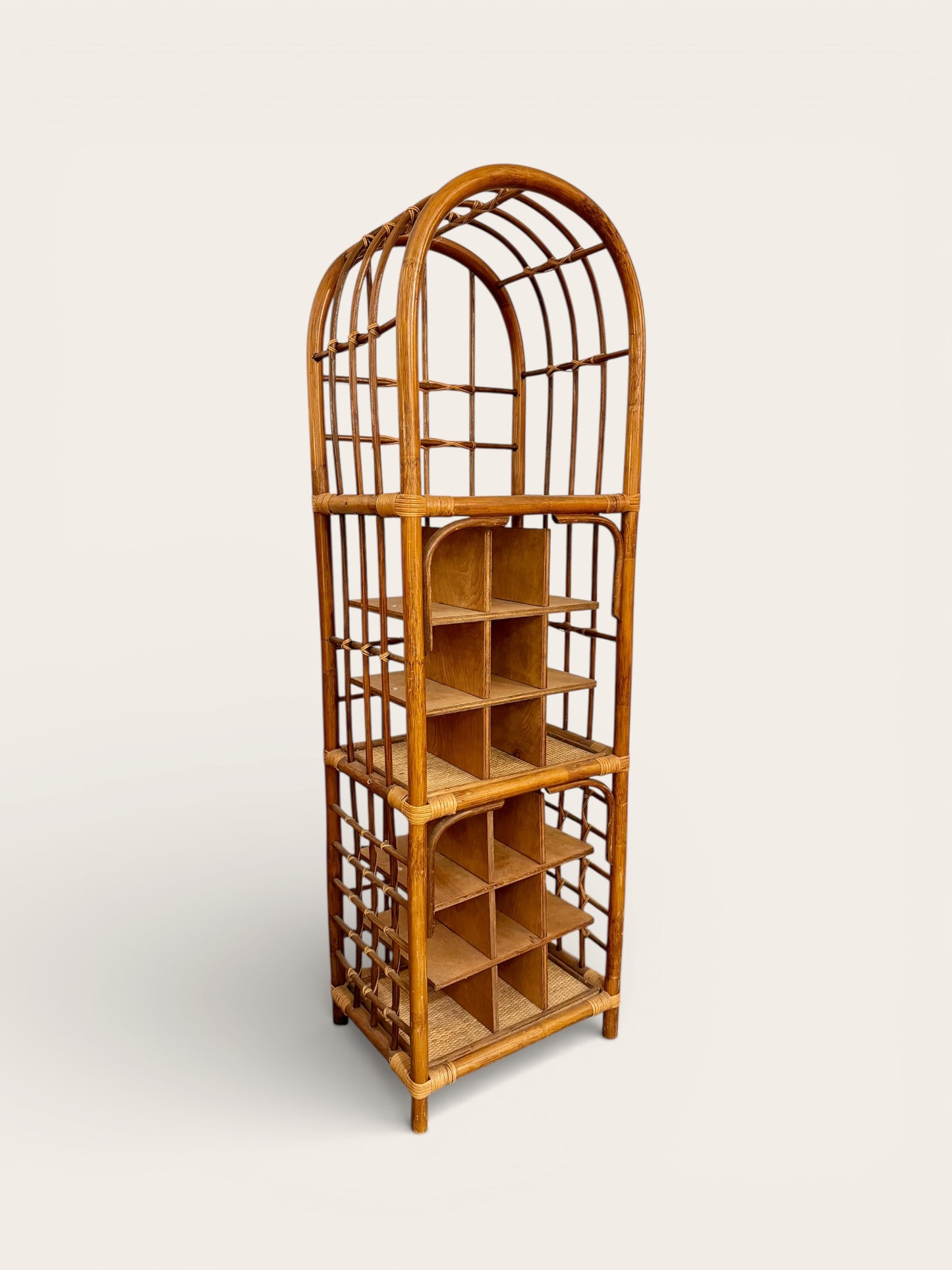 Vintage MCM Bohemian Bamboo and Ratan Storage Shelf