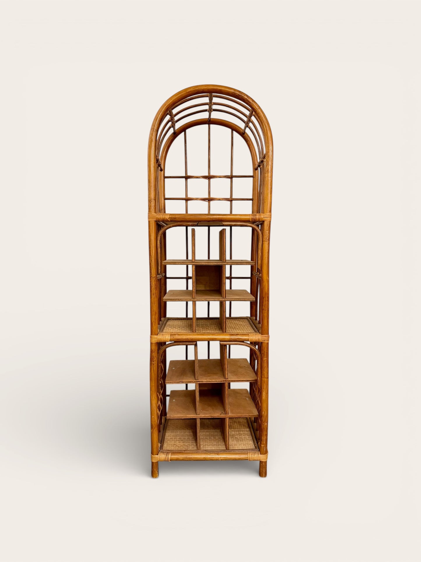 Vintage MCM Bohemian Bamboo and Ratan Storage Shelf