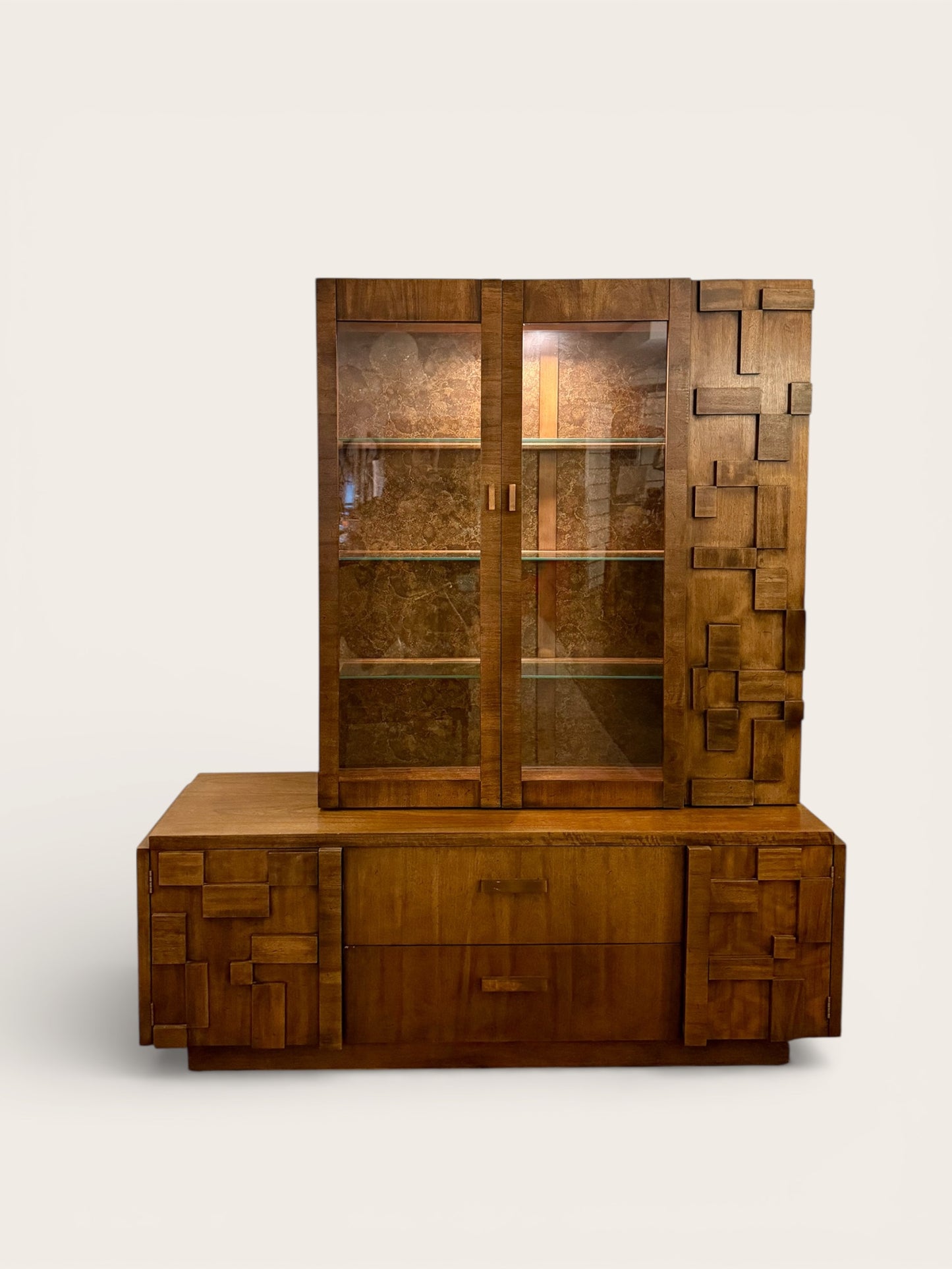 Vintage Lane Staccato Brutalist Mid Century Modern Walnut Credenza and Hutch