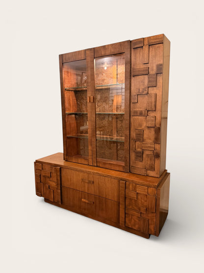 Vintage Lane Staccato Brutalist Mid Century Modern Walnut Credenza and Hutch