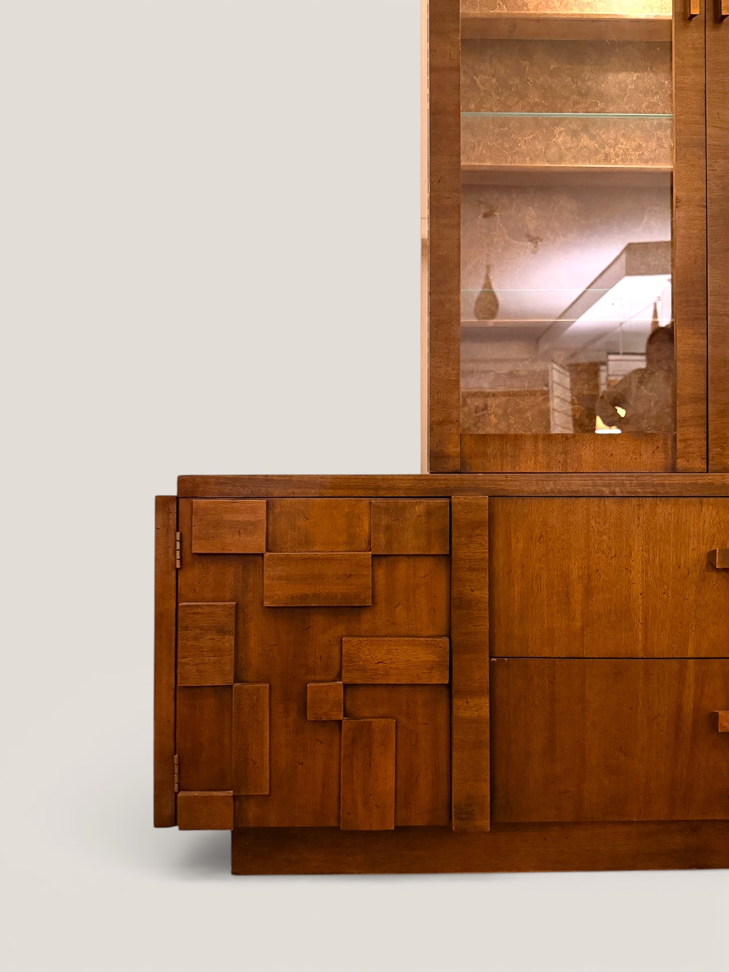 Vintage Lane Staccato Brutalist Mid Century Modern Walnut Credenza and Hutch