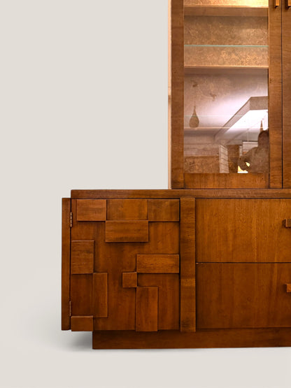 Vintage Lane Staccato Brutalist Mid Century Modern Walnut Credenza and Hutch
