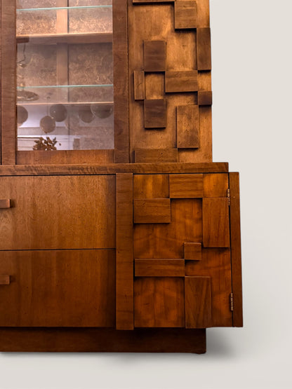 Vintage Lane Staccato Brutalist Mid Century Modern Walnut Credenza and Hutch