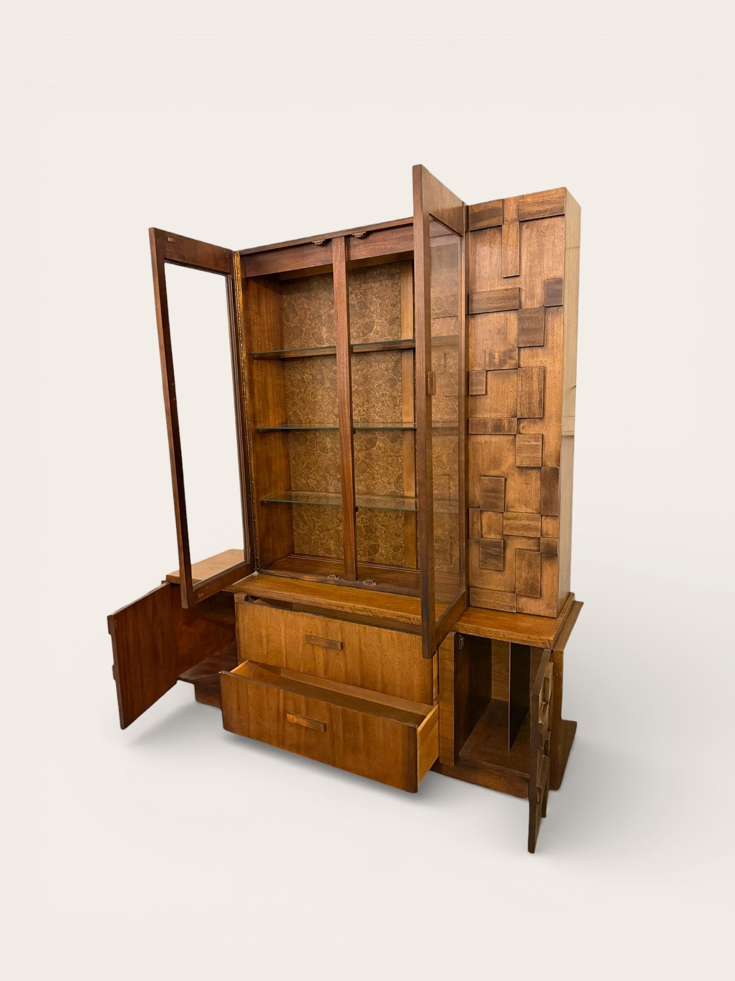 Vintage Lane Staccato Brutalist Mid Century Modern Walnut Credenza and Hutch