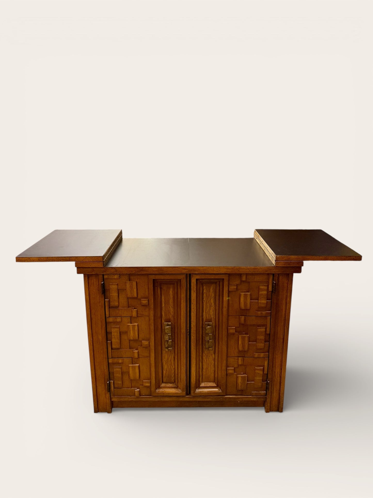 Vintage Broyhill Premier Mid Century Modern Oak Brutalist Style Flip Top Bar Cabinet